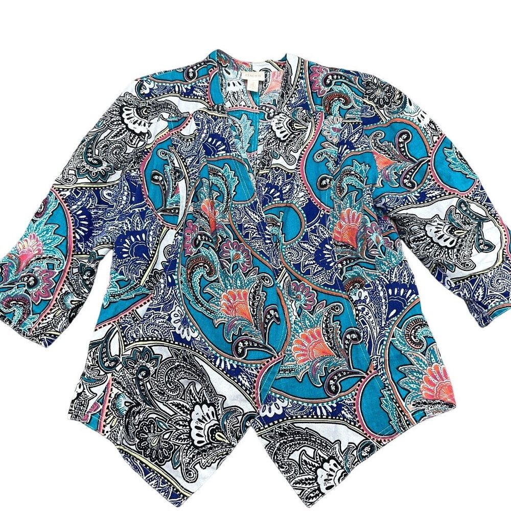 Chicos Open‎ Jacket Women 2 Large 14 Blue Multi Paisley Linen Boho Peasant Drape